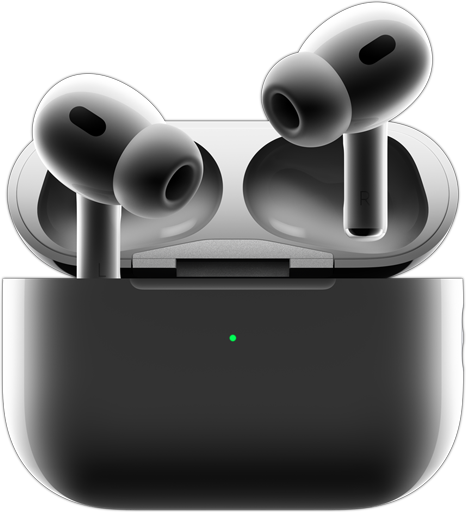 AirPods Pro 2 som kommer ut av ladeetuiet, grønt lys foran på ladeetuiet